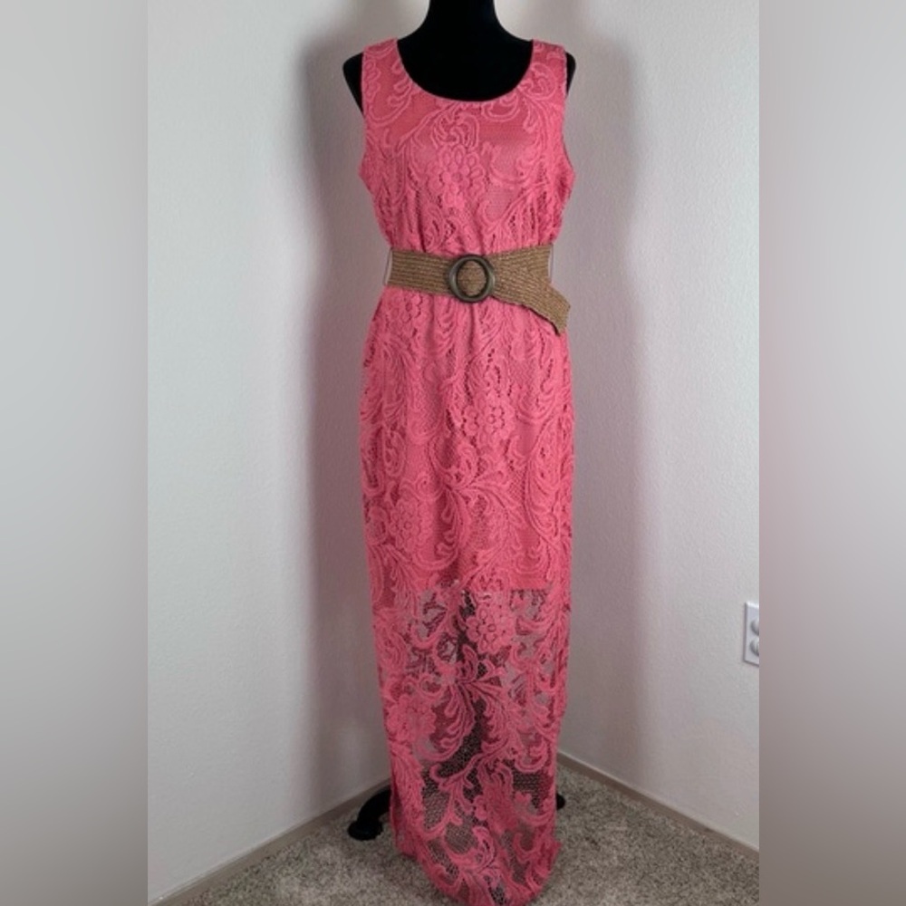 Jessica Howard Coral Lace Dress with Tan Belt- size 14